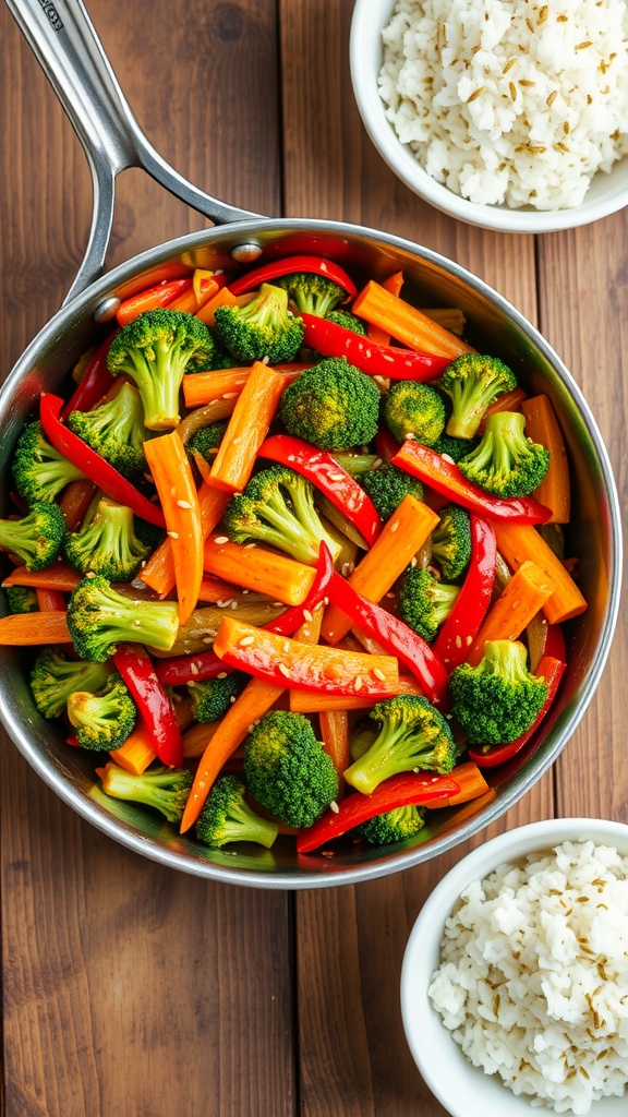 A vibrant vegan stir-fry with mixed vegetables in a skillet, served with rice.